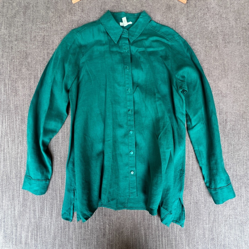 Eileen Fisher Shirt Top Womens XS Green Long Sleeve Lightweight Casual Button Up